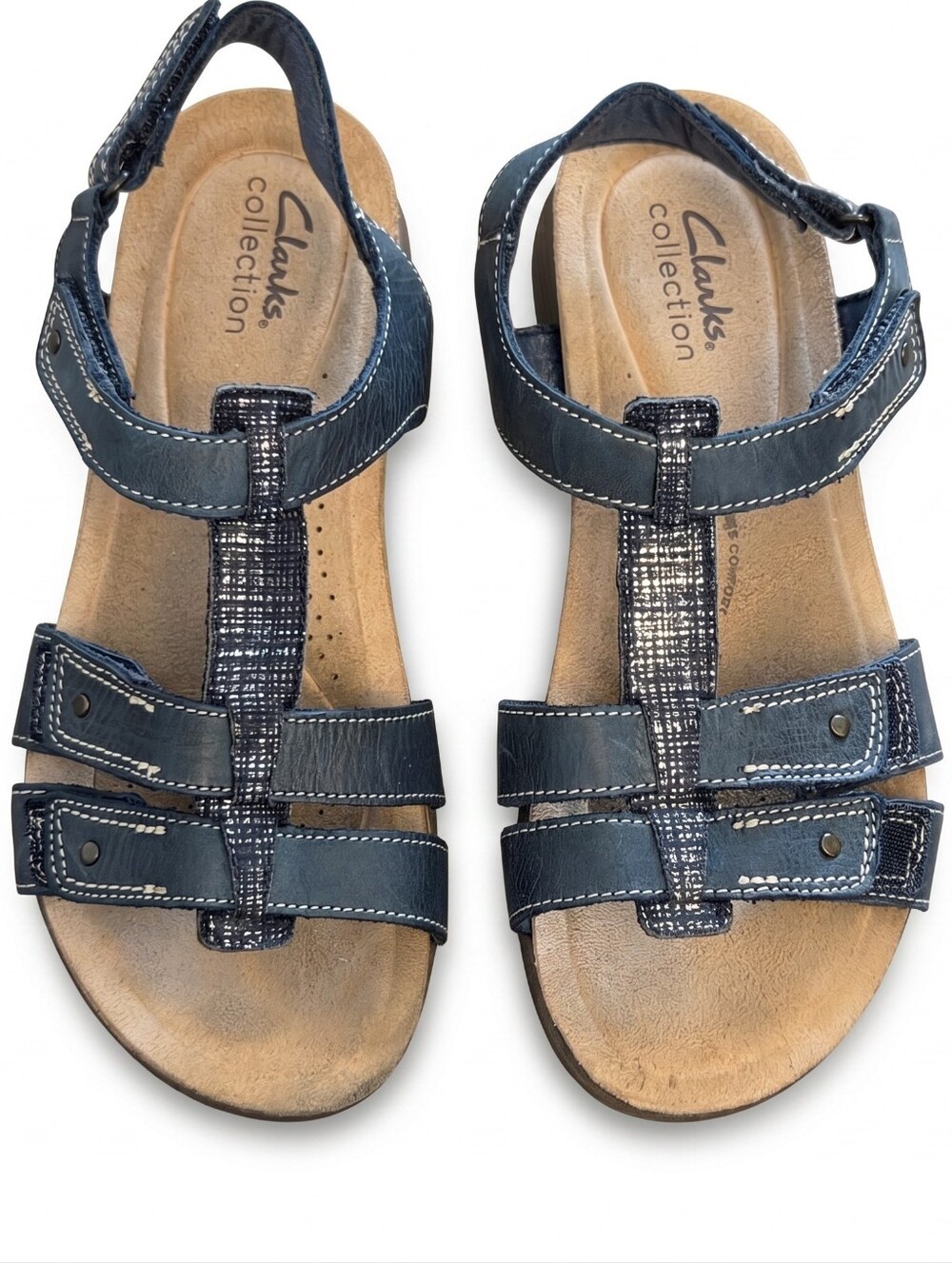 Clarks April Cove Leather Strappy Comfort Low Wedge Sandals Black sz 7